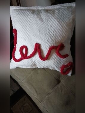 White Decorative Pillow with Red 'Love' Script